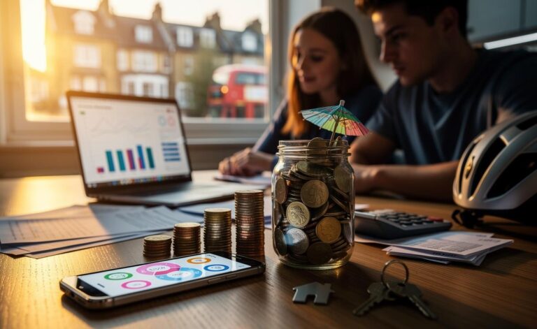 Illustration of expert UK money-saving strategies, including automating savings, cutting big bills, flexible budgeting, and building an emergency fund