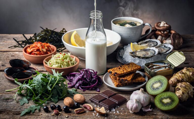 Illustration of surprising immune-boosting foods including kefir, kimchi, sauerkraut, oysters, seaweed, mushrooms, blackcurrants, Brazil nuts, dark chocolate, kiwi, and live yoghurt