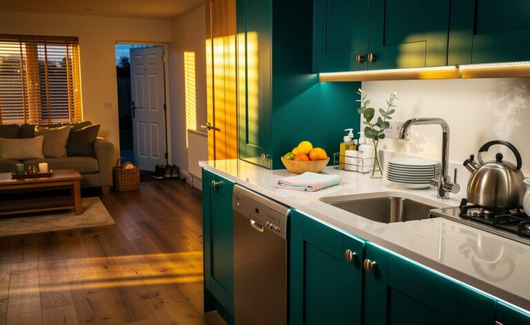 Illustration of a clean and organised UK kitchen and lounge achieved by dinner through a 90-minute cleaning routine