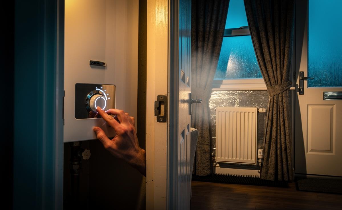 Illustration of a UK home where a homeowner lowers boiler flow temperature, draught-proofs doors and windows, and adjusts TRVs to zone heating, reducing energy bills by up to 40%