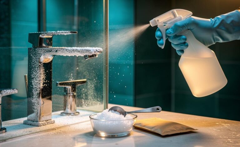 Illustration of the $1 citric acid cleaning hack dissolving limescale on a chrome tap and shower glass