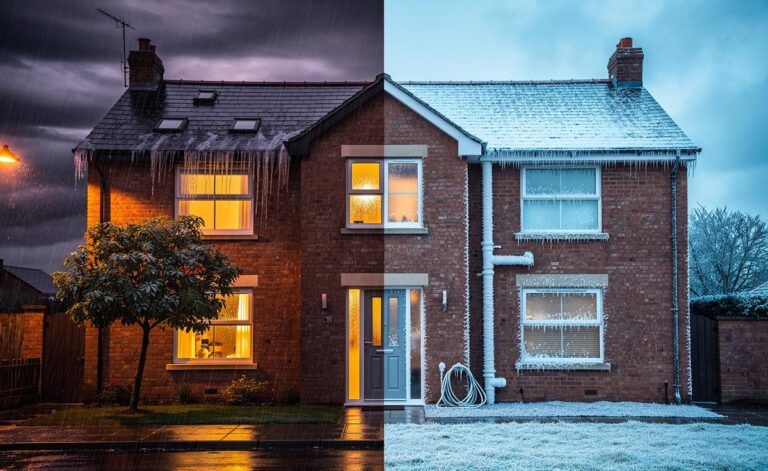 Illustration of a British home under contrasting December weather—driving rain and wind on one side, hard frost on the other