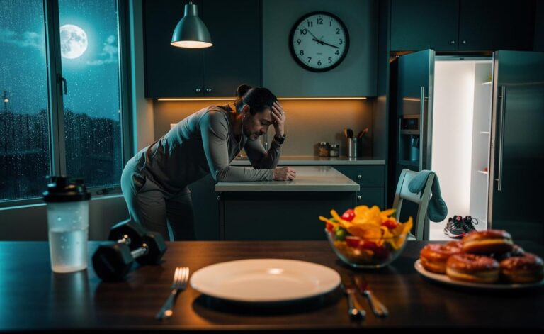 Illustration of experts warning that the common 16:8 intermittent fasting diet trend may backfire, with a clock, an empty plate, and signs of stress and poor sleep.