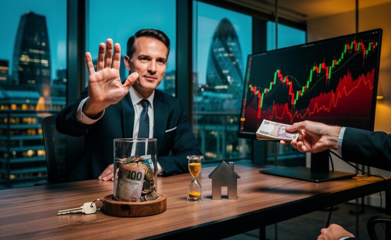 Illustration of a UK financial planner warning against investing money needed soon, emphasising emergency cash buffers, high-interest debt repayment, and time-horizon matching via ISAs and pensions