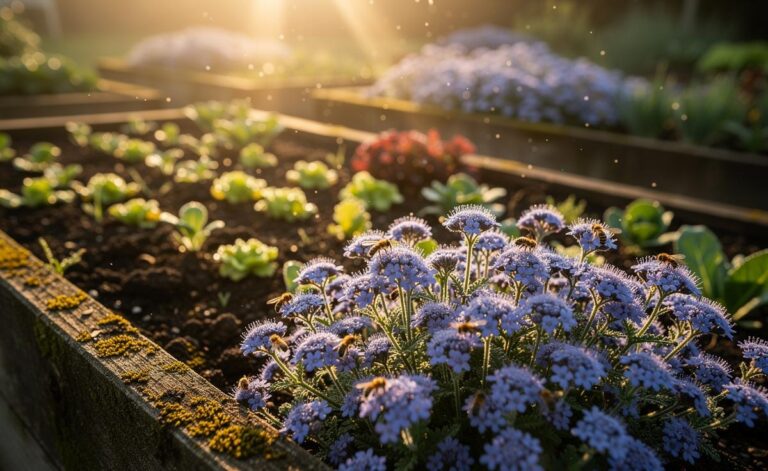 Illustration of Phacelia tanacetifolia in bloom attracting bees and hoverflies while covering a UK garden bed as a green manure