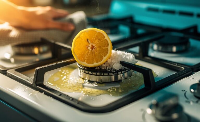 Illustration of cleaning a greasy stovetop with a halved lemon and salt