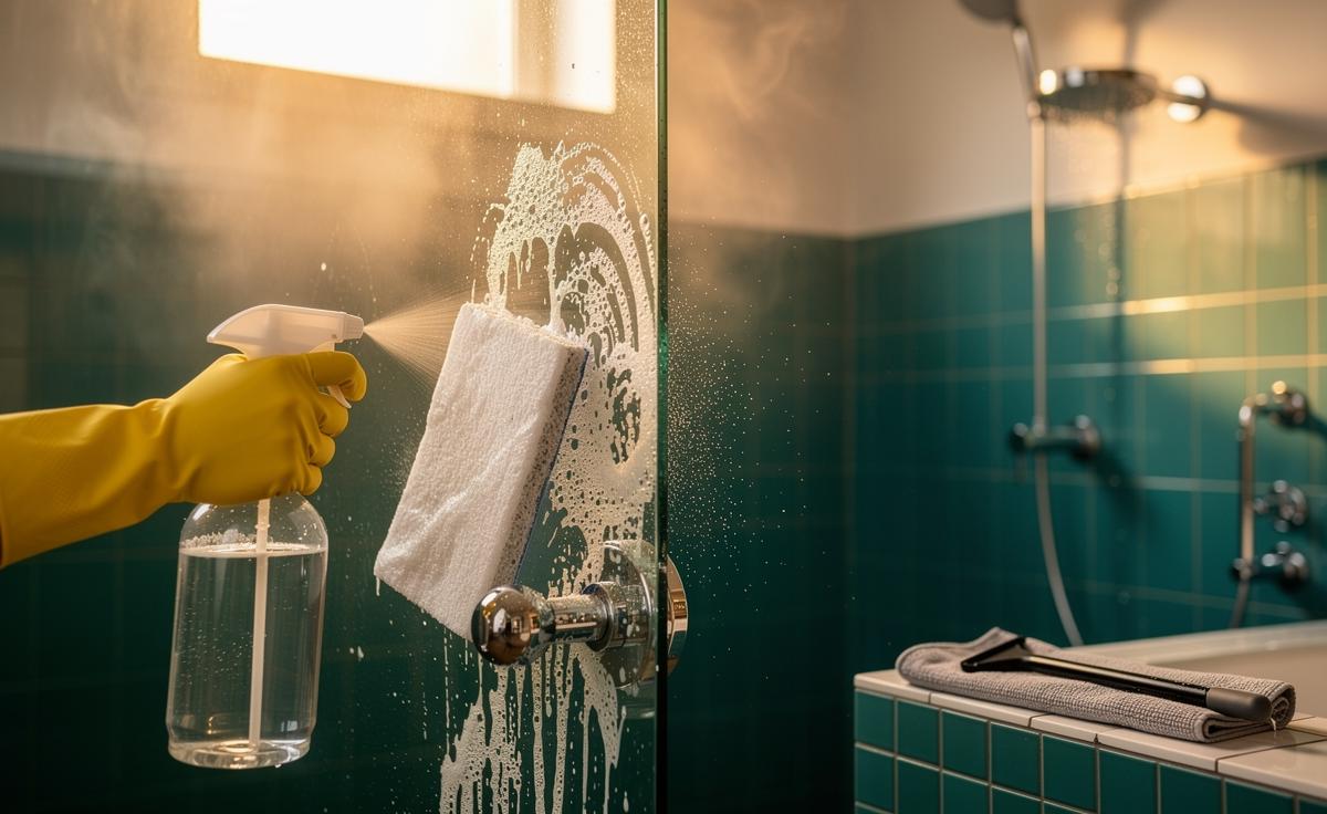 Illustration of using vinegar and baking soda to remove soap scum from a glass shower screen and bathroom tiles