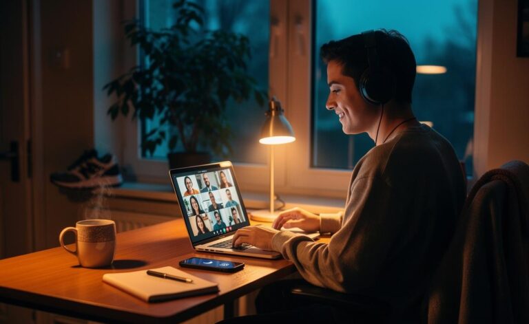 Illustration of making remote work feel less lonely through daily rituals, social micro-moments, co-working, and clear tech boundaries