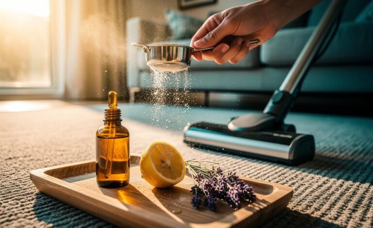 Illustration of refreshing carpets using baking soda and essential oils for fresh scents without chemicals