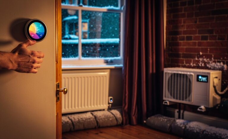 Illustration of a UK home using smart thermostats, zoning, and insulation upgrades to save on heating bills in winter 2026