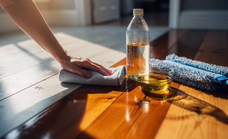 Illustration of [shining floors by cleaning and polishing with vinegar and olive oil]
