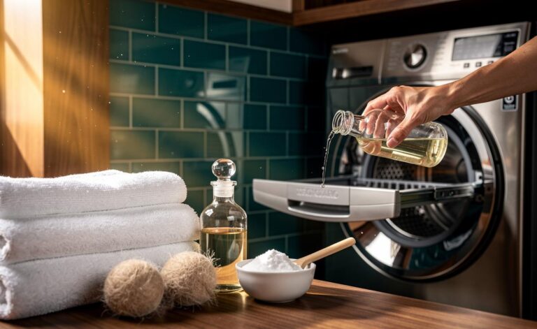 Illustration of softening towels using baking soda and white vinegar, achieving effortless fluff without fabric softener