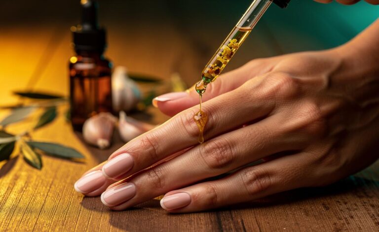 Illustration of a person applying a garlic and olive oil infusion to fingernails for natural strengthening