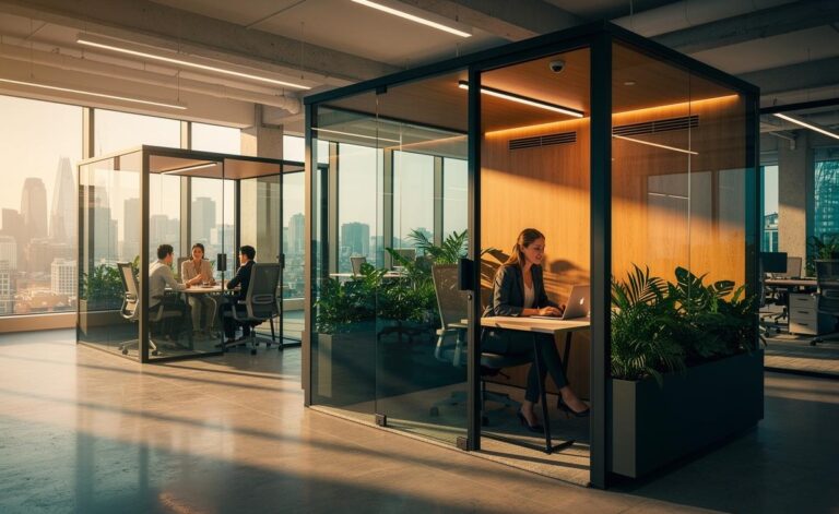 Illustration of acoustic office pods (focus booths) installed in a modern open-plan UK office