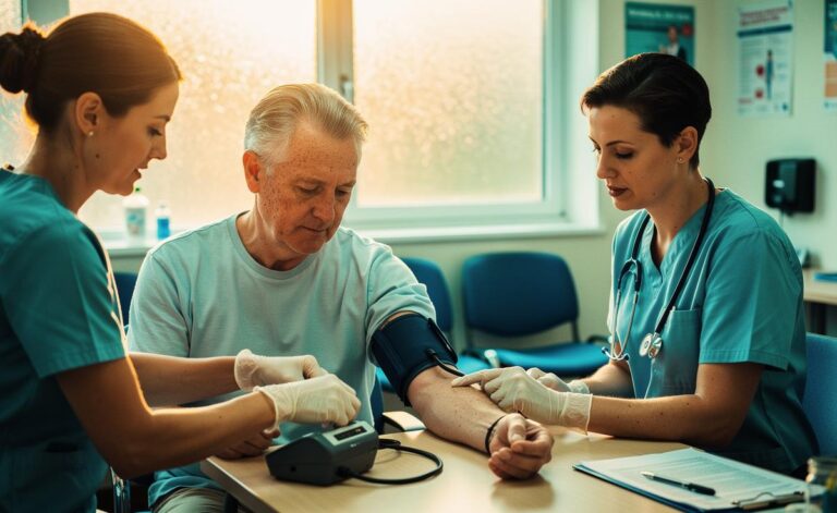 Illustration of a person over 60 at a UK GP surgery during an annual health checkup, with blood pressure monitoring and screening discussion