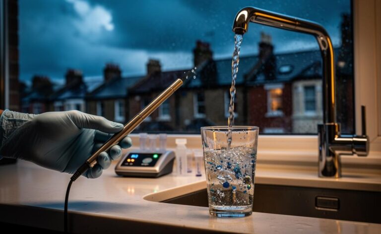 Illustration of experts evaluating the safety of drinking tap water in 2026, showing a UK kitchen tap filling a glass and highlighting PFAS, microplastics, and lead