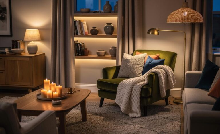 Illustration of a cosy living room with layered lighting, tactile textiles, warm neutral colours, candles, and houseplants