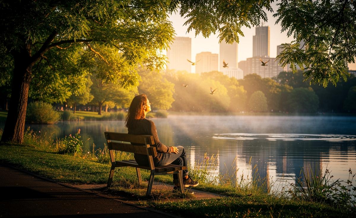 Illustration of nature's stress-relieving effects in green and blue spaces
