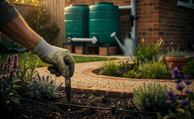 Illustration of a UK garden in 2026 using sensor-led drip irrigation, mulched beds, and linked rainwater butts to save water