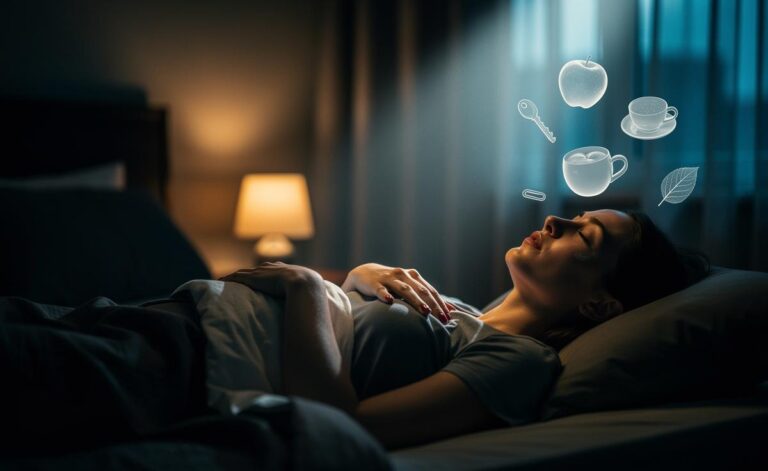 Illustration of a person lying in bed at night practising the physiological sigh and cognitive shuffle to fall asleep quickly