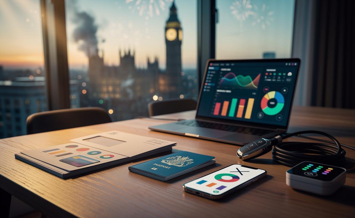 Illustration of New Year rule changes in the UK, covering taxes, payslips, wages, consumer protections, energy bills, travel rules, and freelancer reporting