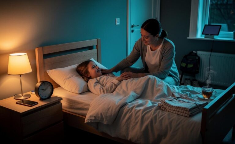 Illustration of a parent and child in a calm bedtime routine, screens put away, reflecting a UK-led study showing that context—sleep, stress, and co-regulation—outperforms discipline tactics