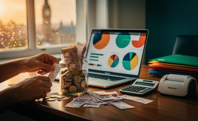 Illustration of organising finances for the 2026 UK tax season with a laptop, calculator, receipts, labelled tax reserve pots, and a calendar marking 31 January 2026
