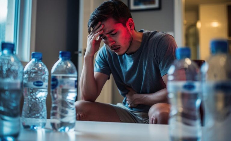 Illustration of a person showing symptoms of overhydration—headache, nausea, confusion, muscle cramps, and frequent urination—after excessive water intake