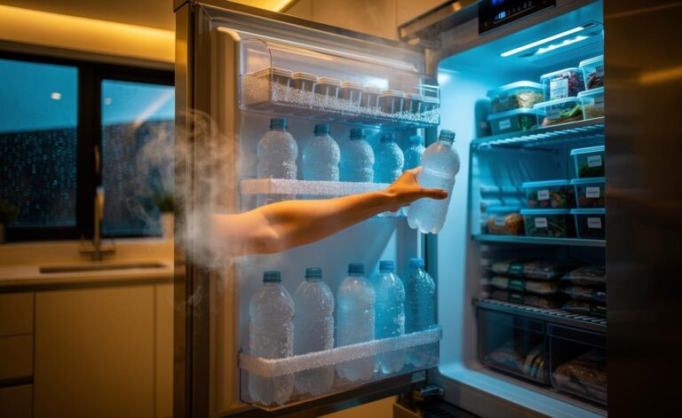 Illustration of ice-filled plastic bottles and trays stored in a household freezer to stabilise temperature, reduce energy peaks, and protect food during power cuts