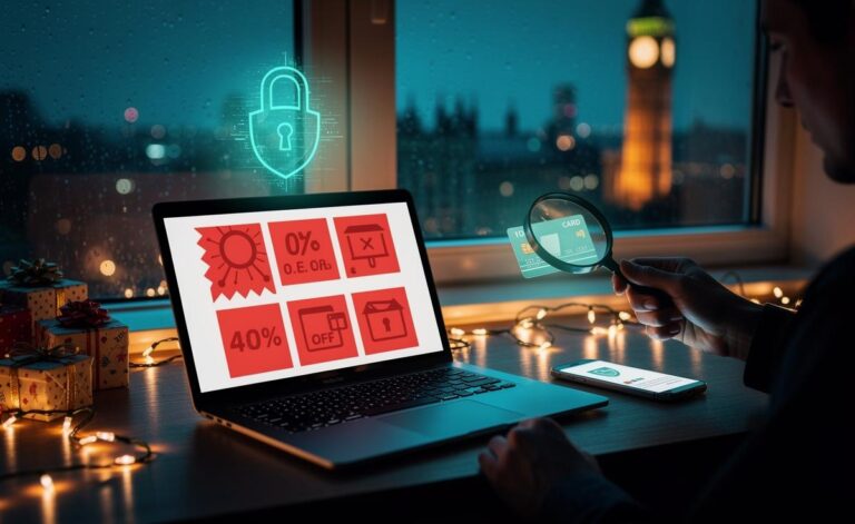 Illustration of smart holiday shopping with safe payment choices, seller verification, and data protection to avoid scams in the UK