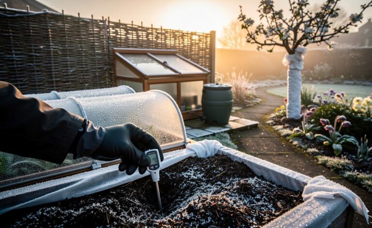 Illustration of long winter conditions reshaping UK gardens in 2026, with frost protection, cloches, and soil temperature monitoring