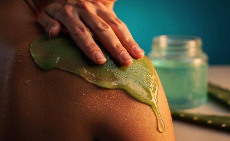 Illustration of aloe vera gel being applied to sunburned skin to provide fast cooling relief and hydration