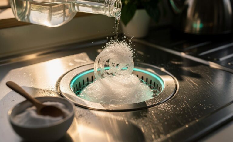 Illustration of baking soda and vinegar reacting in a kitchen sink drain to clear a clog naturally without harsh chemicals