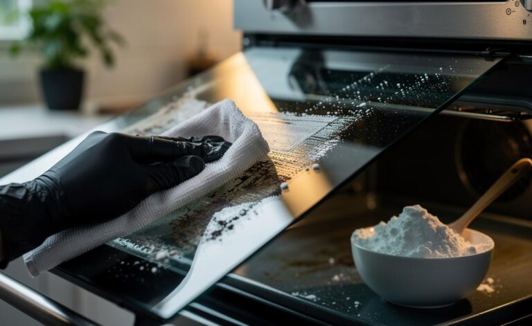 Illustration of a baking soda paste lifting stubborn grime through mild abrasion without harsh chemicals