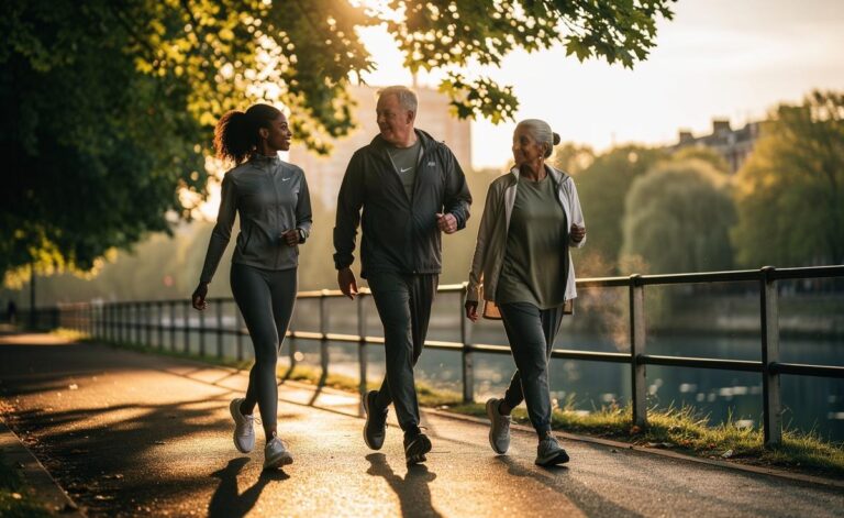 Illustration of daily walking as an accessible, low-impact exercise that boosts cardiovascular health, mental clarity, and everyday energy