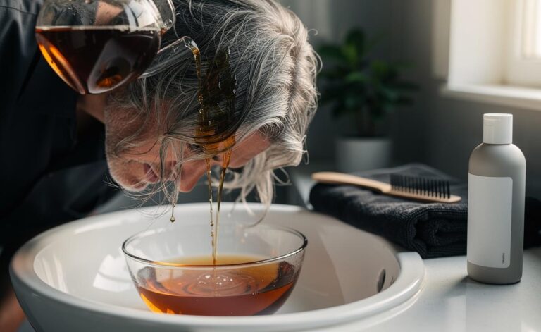 Illustration of a black tea rinse being applied to grey hair to naturally darken it without dye