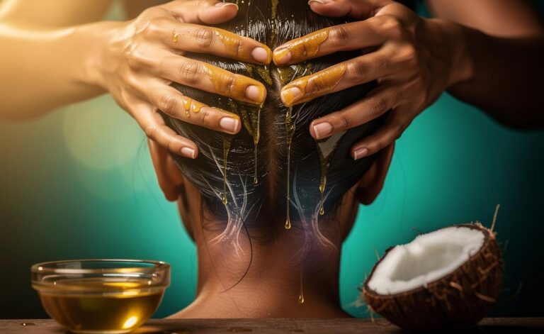 Illustration of a coconut oil scalp massage that promotes hair growth by nourishing hair follicles with fatty acids