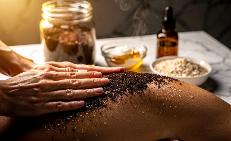 Illustration of a coffee grounds scrub buffing and nourishing dull skin with natural exfoliants such as honey, yoghurt, oats, and skin-friendly oils