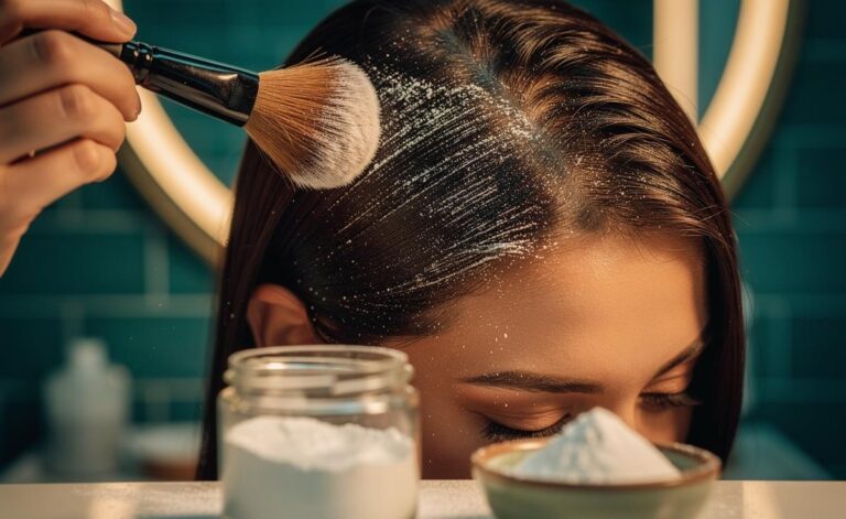 Illustration of [cornstarch being applied with a makeup brush to greasy hair roots to absorb oil and reduce shine]