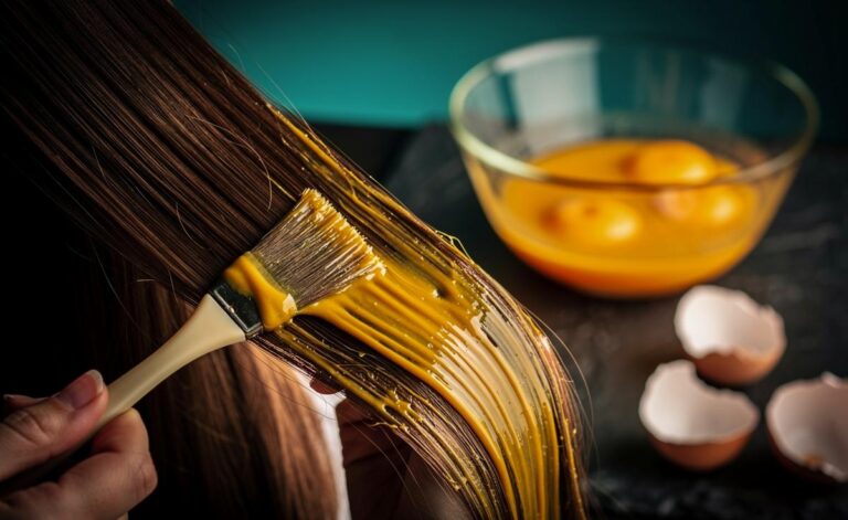 Illustration of an egg yolk hair treatment strengthening damaged hair as proteins and lipids repair the cuticle and reduce breakage