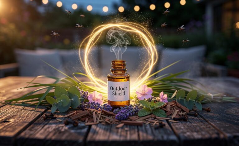 Illustration of an essential oil blend that naturally repels mosquitoes by creating an invisible aromatic shield
