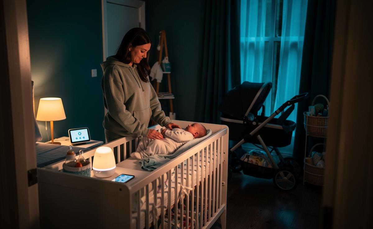 Illustration of a UK new mum applying essential 2026 parenting hacks, including reading sleep cues, smart feeding routines, home micro-systems, and digital safety practices