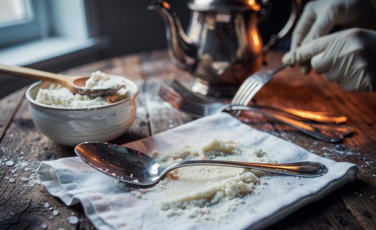 Illustration of flour-and-salt dough being used to polish tarnished silverware, with a small bowl of paste, a soft cloth, and freshly shined utensils on a table