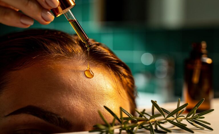 Illustration of rosemary-infused oil being applied to the scalp to stimulate hair follicles and promote hair growth