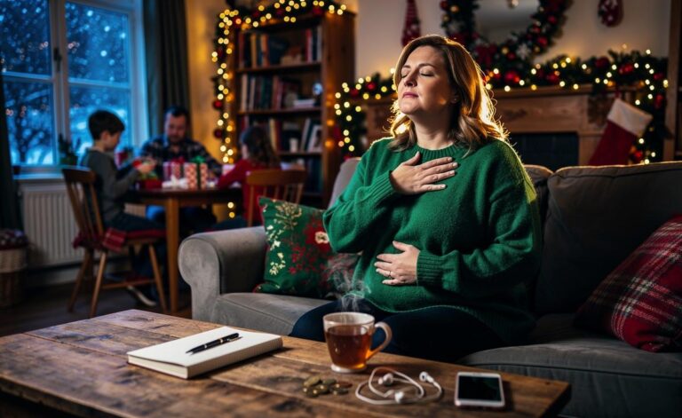 Illustration of practical strategies to reduce holiday stress with breathing, boundaries, social connection, and planning