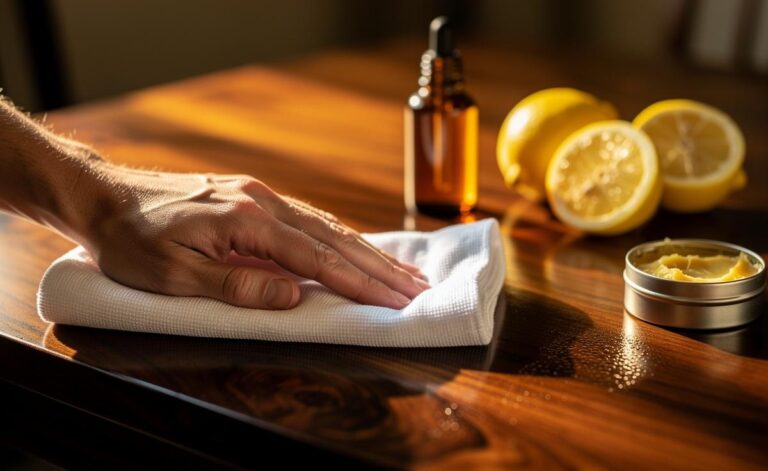 Illustration of lemon oil polish being applied with a microfiber cloth to a wooden table surface to clean, nourish, and protect the finish