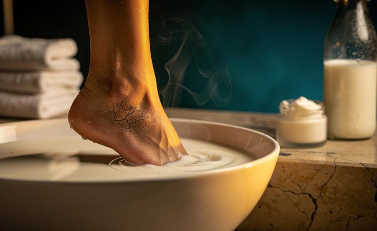 Illustration of cracked heels soaking in warm milk to soften skin overnight through gentle lactic acid exfoliation
