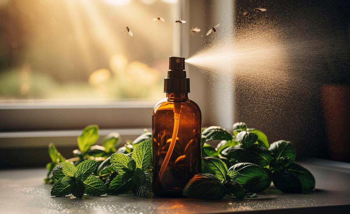 Illustration of a mint and basil spray repelling household insects using natural scents