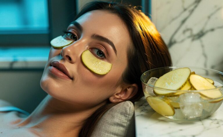 Illustration of a person applying chilled potato slices to the under-eye area to reduce puffiness using natural starch