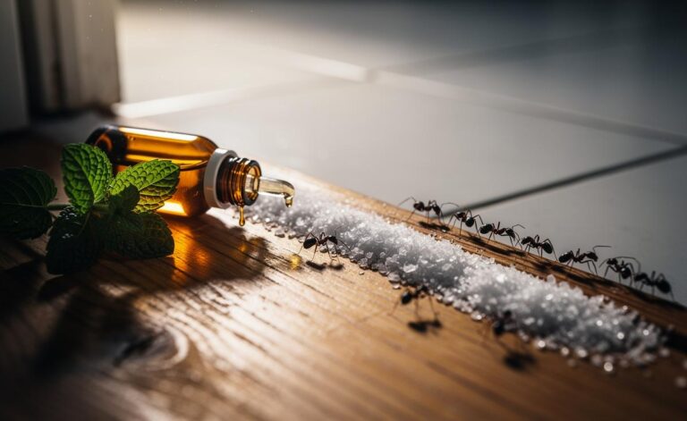 Illustration of a salt and peppermint oil mixture used to create an invisible barrier that repels ants along household entry points